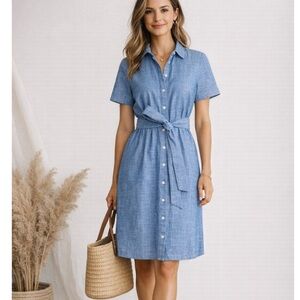 J.Crew Chambray Shirt Dress Tie Waist Button Front Blue Size 10